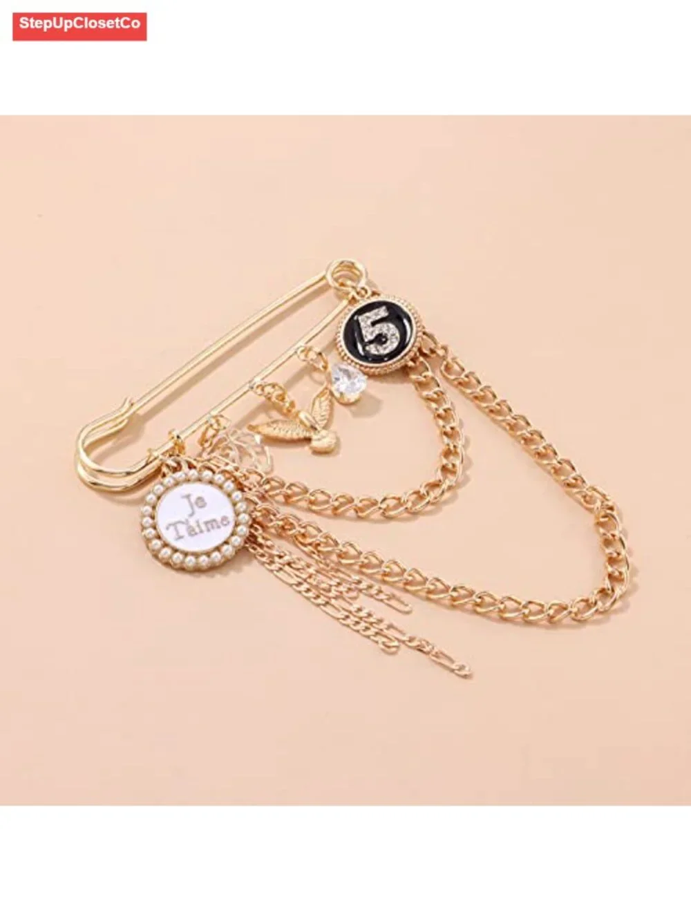 Gold Chain Brooch Star Moon Pearl Crystal Rhinestone Pin for Sweater Shawl